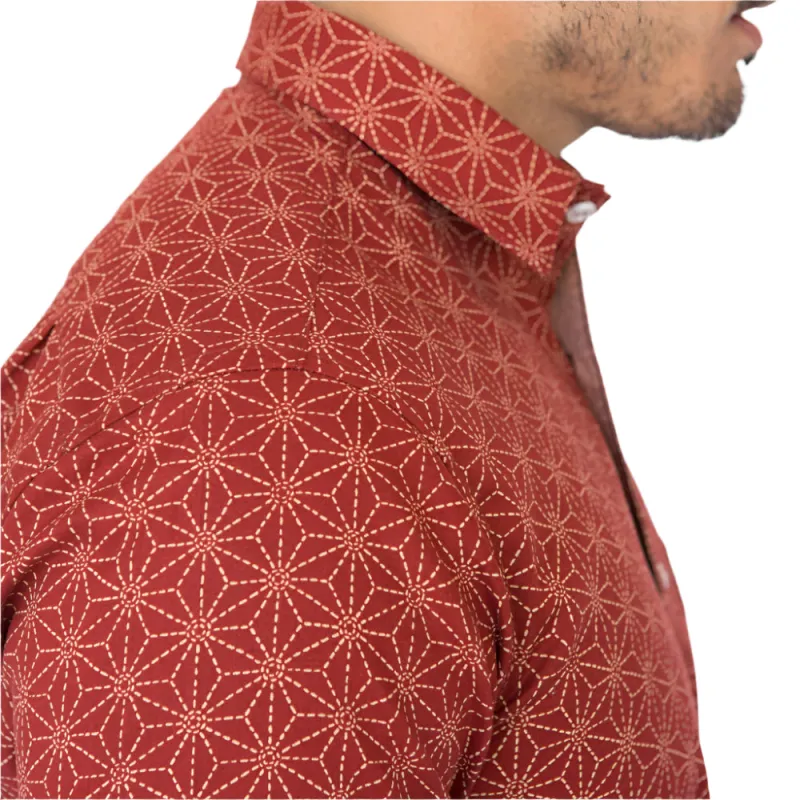 JONES Short Sleeve Shirt in Tomato Red Japanese Geometric Floral 'Asanoha" Print sold by Blade + Blue