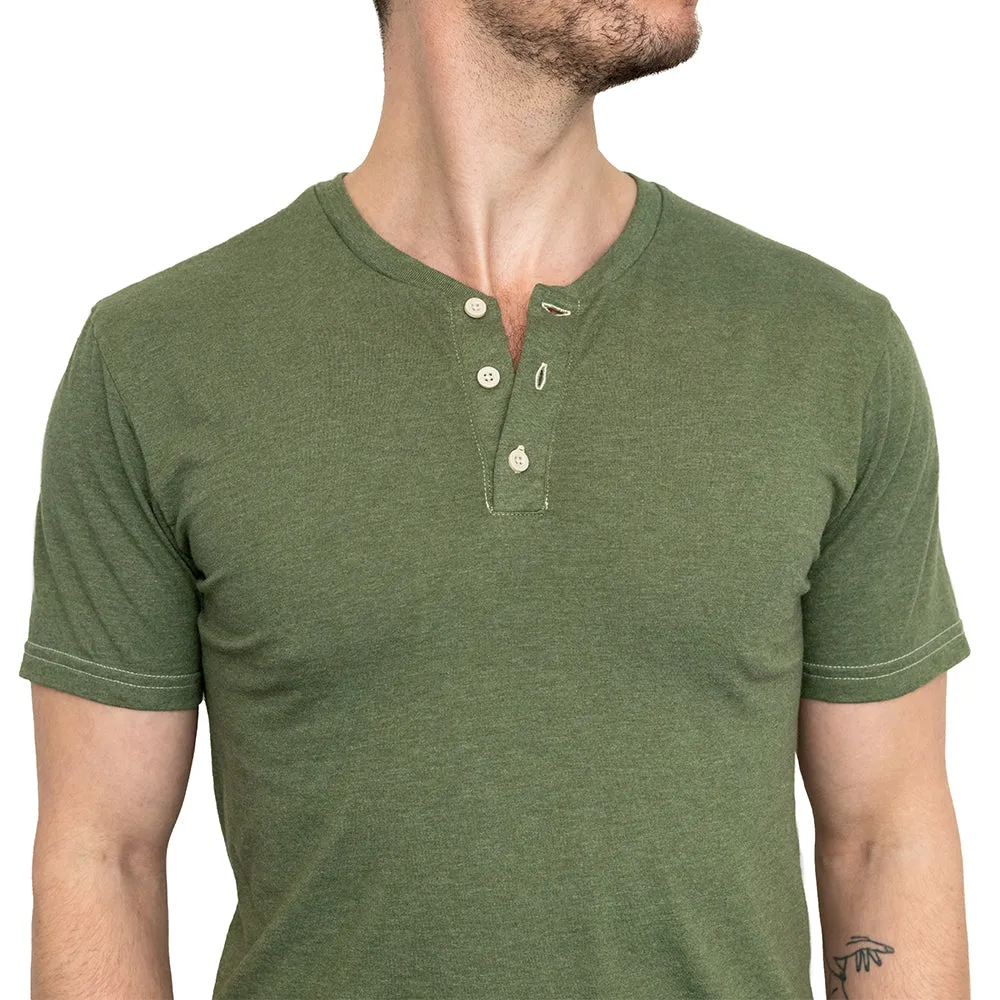 THE "SLUGGER" Short Sleeve Henley Tee in Army Green Heather sold by Blade + Blue