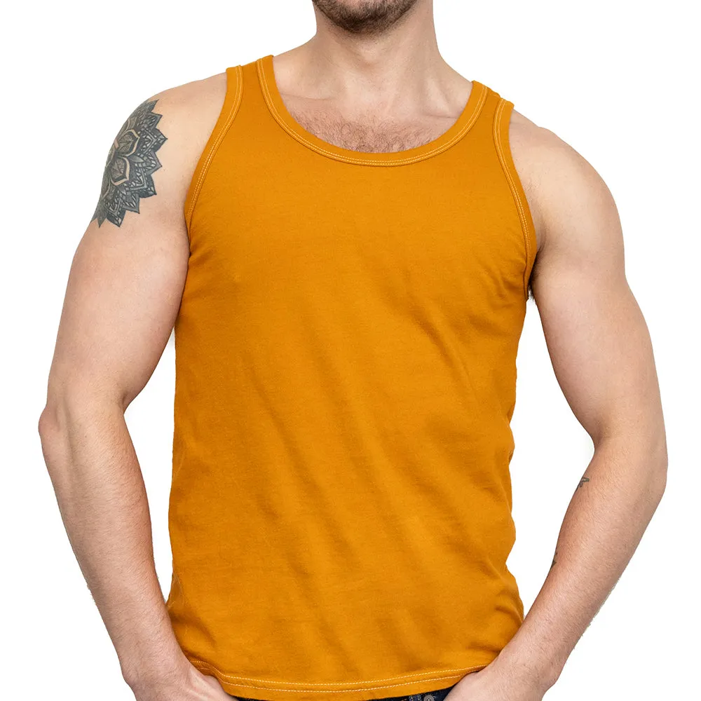 The "Bruiser" Cotton Tank Top in Varsity Gold (SIZE L) sold by Blade + Blue