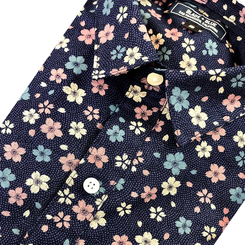BOXTER Short Sleeve Shirt in Blue & Pink Japanese Floral Print (Size L) sold by Blade + Blue