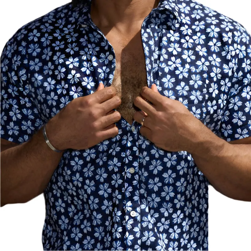 ORLANDO Short Sleeve Shirt in Inky Blue & White Japanese Floral Print sold by Blade + Blue