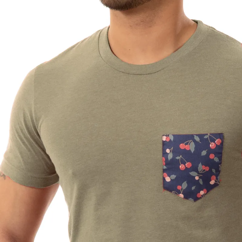 Olive Heather With Cherry Print Pocket T-Shirt (SIZE S) sold by Blade + Blue