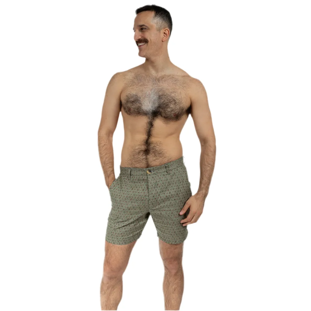 Khaki Japanese Floral Mosaic Print Cotton Shorts - Made in USA sold by Blade + Blue product image thumbnail 3