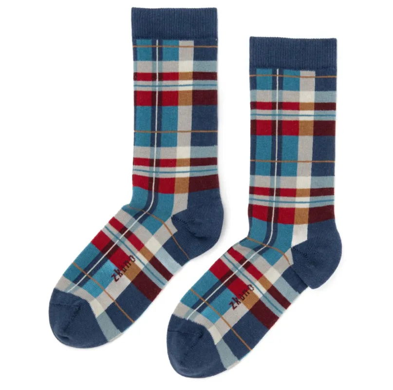 Madras Plaid Crew Sock in Blue - Made In USA by Zkano sold by Blade + Blue