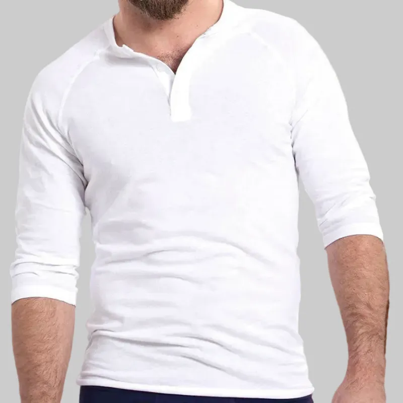 Solid White Cotton 3/4 Raglan Sleeve Henley - Made in USA made by Blade + Blue