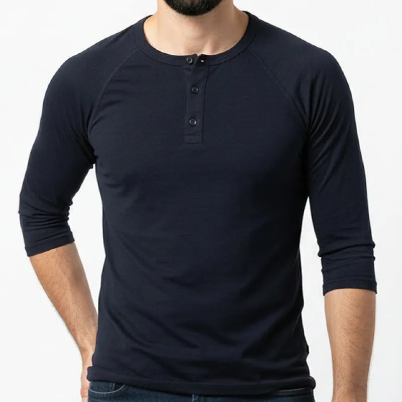 "RANGER" Solid Black Cotton 3/4 Raglan Sleeve Henley - Made in USA made by Blade + Blue