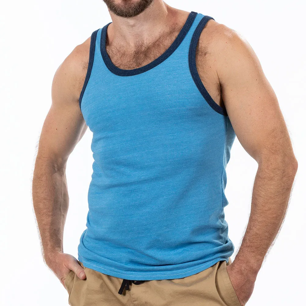 Aqua Blue & Navy Tri-Blend Varsity Tank Top sold by Blade + Blue