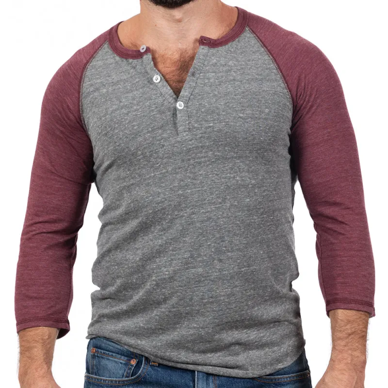Burgundy & Heather Grey Contrast 3/4 Raglan Sleeve Tri-Blend Henley Shirt sold by Blade + Blue