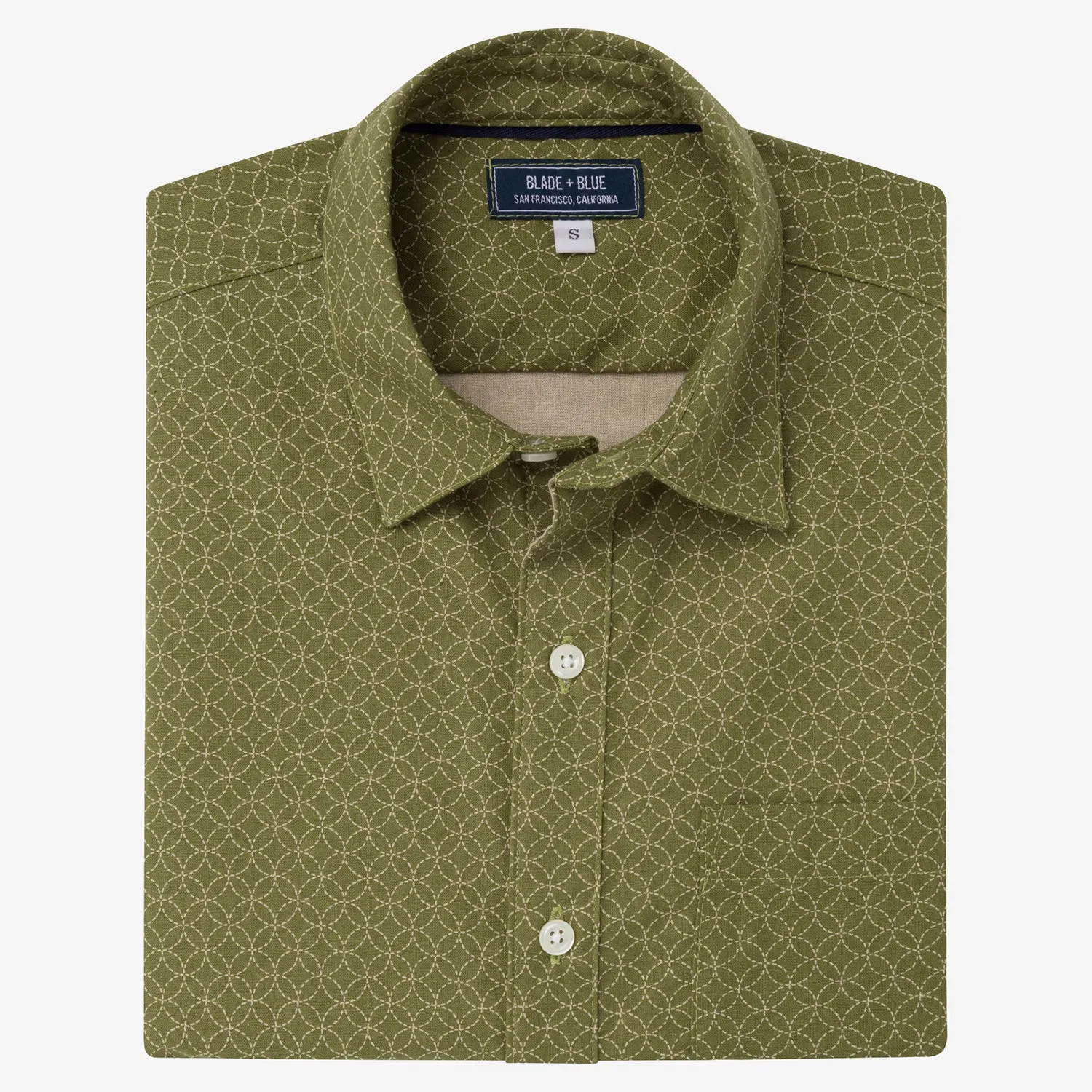 GARRISON Short Sleeve Shirt in Light Olive Green Japanese Floral Print sold by Blade + Blue