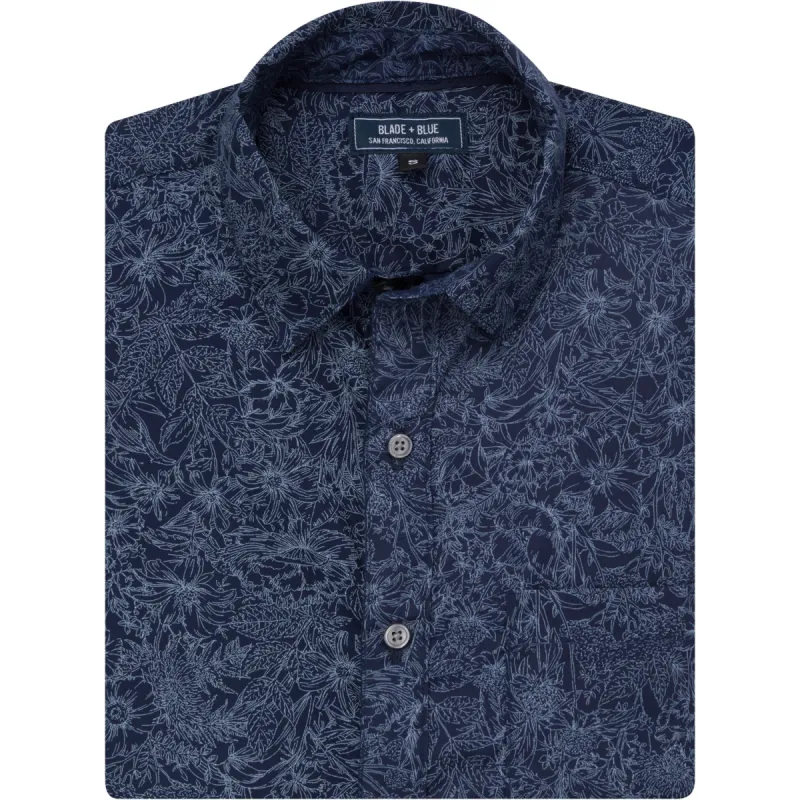 KORY Short Sleeve Shirt in Indigo Blue Drawn Floral Print sold by Blade + Blue