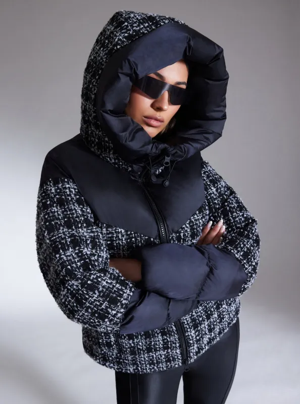 Irina Textured Boucle Puffer Down-Filled Black Tweed Mix sold by blanc noir