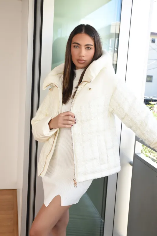 Irina Ivory Textured Boucle Puffer Gold Trims Down Filled Tweed Mix sold by blanc noir