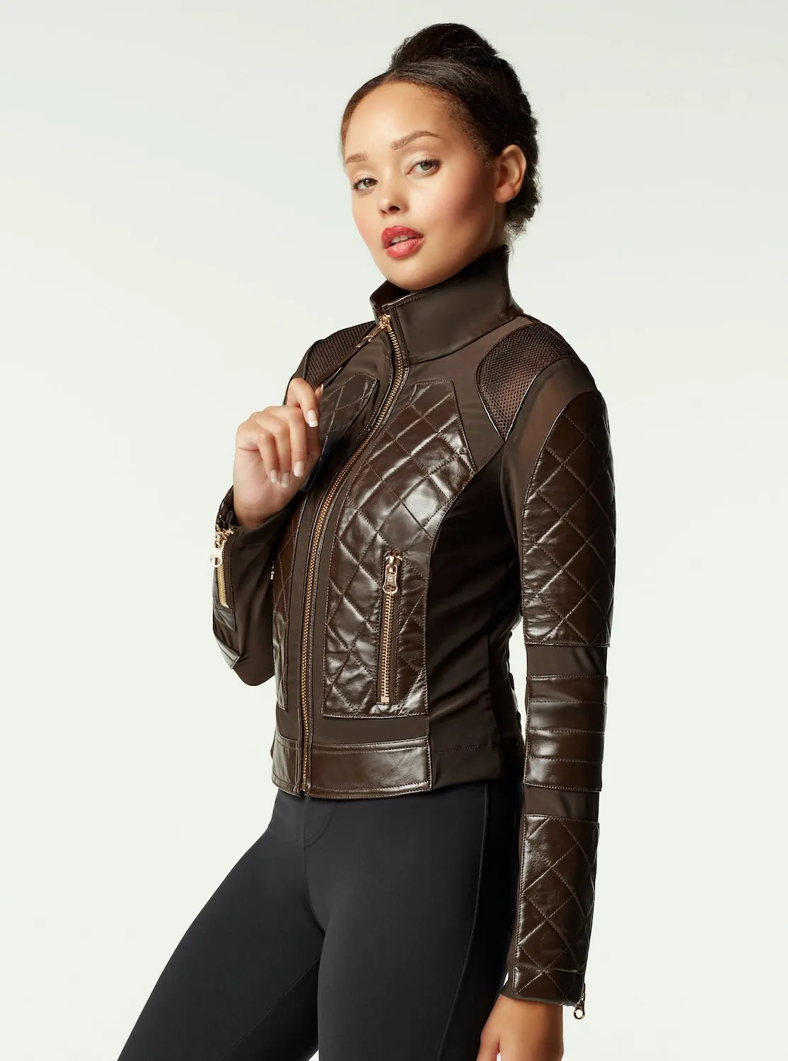 Leather Moto Mesh Jacket - Brown/Gold Trims sold by blanc noir product image thumbnail 4