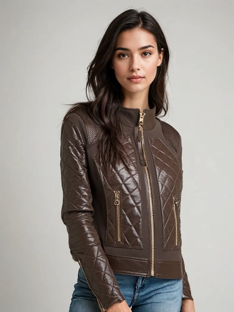Leather Moto Mesh Jacket - Brown/Gold Trims sold by blanc noir product image thumbnail 2