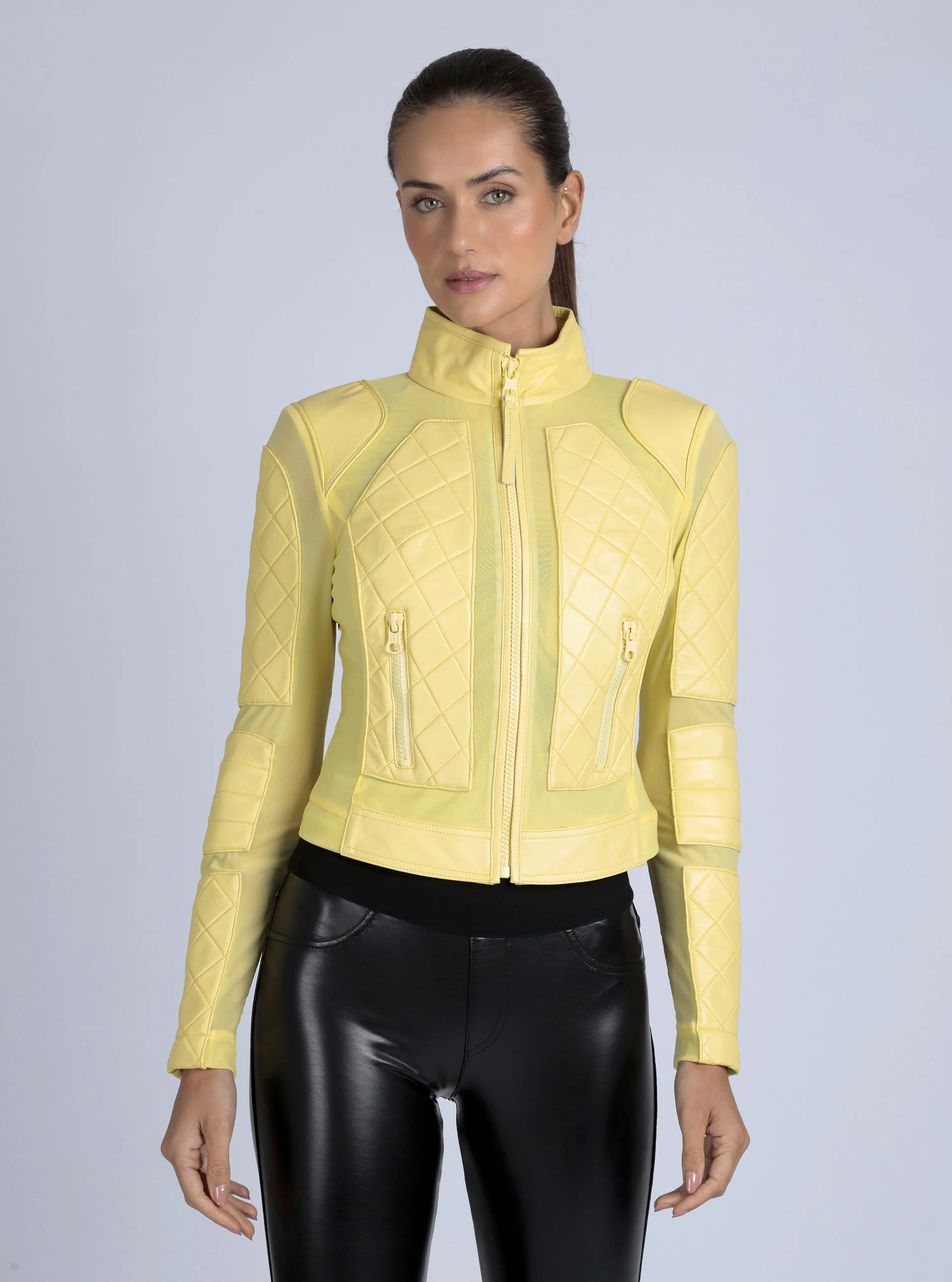 Leather Moto Mesh Jacket - Pale Banana sold by blanc noir product image thumbnail 3