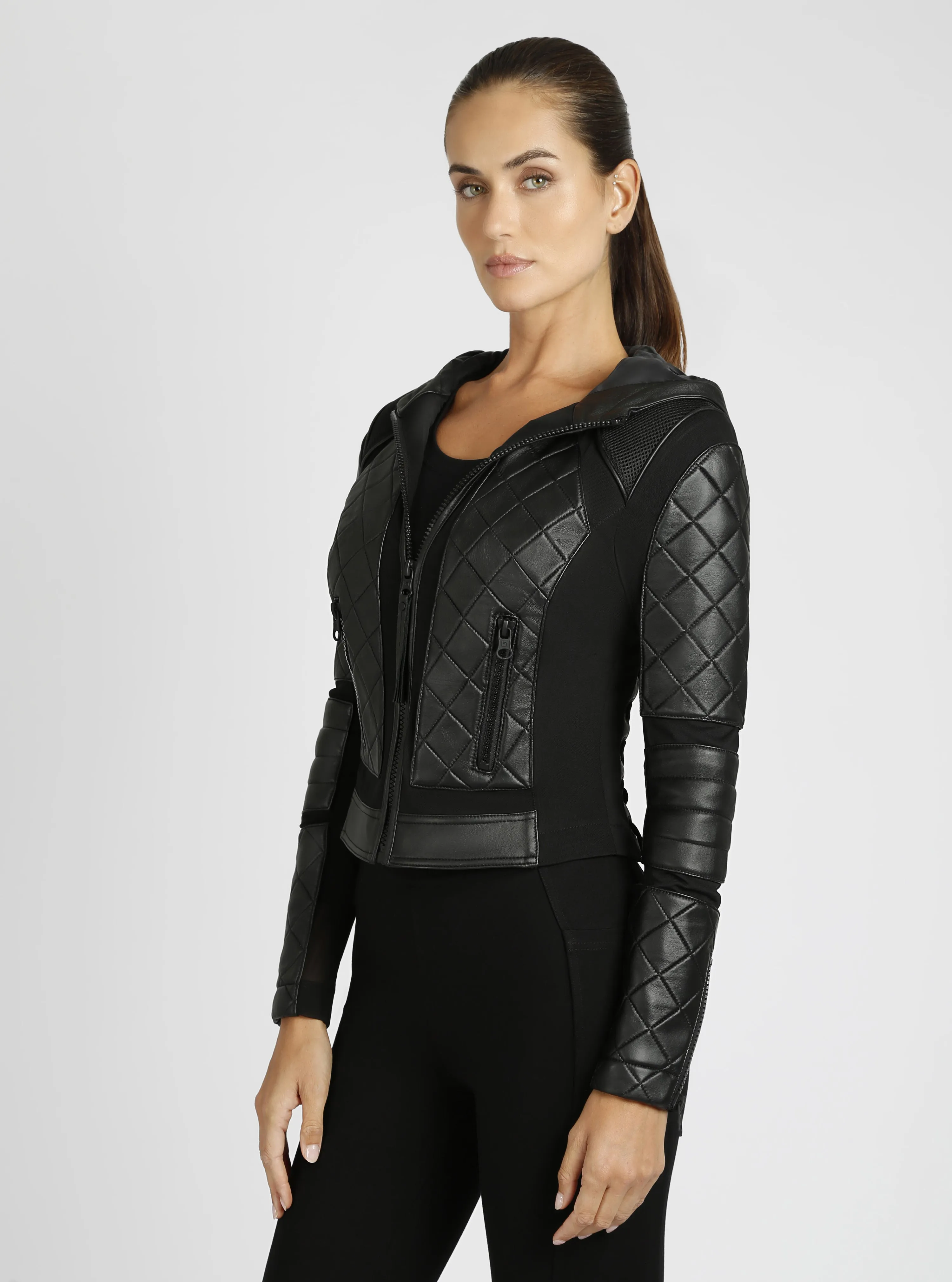 Hooded Mesh Genuine Leather Moto Jacket sold by blanc noir product image thumbnail 4