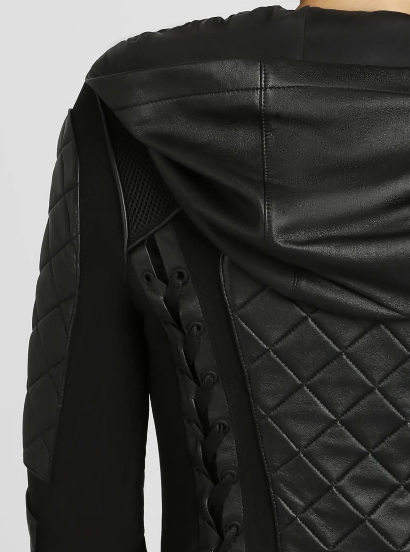 Hooded Mesh Genuine Leather Moto Jacket sold by blanc noir