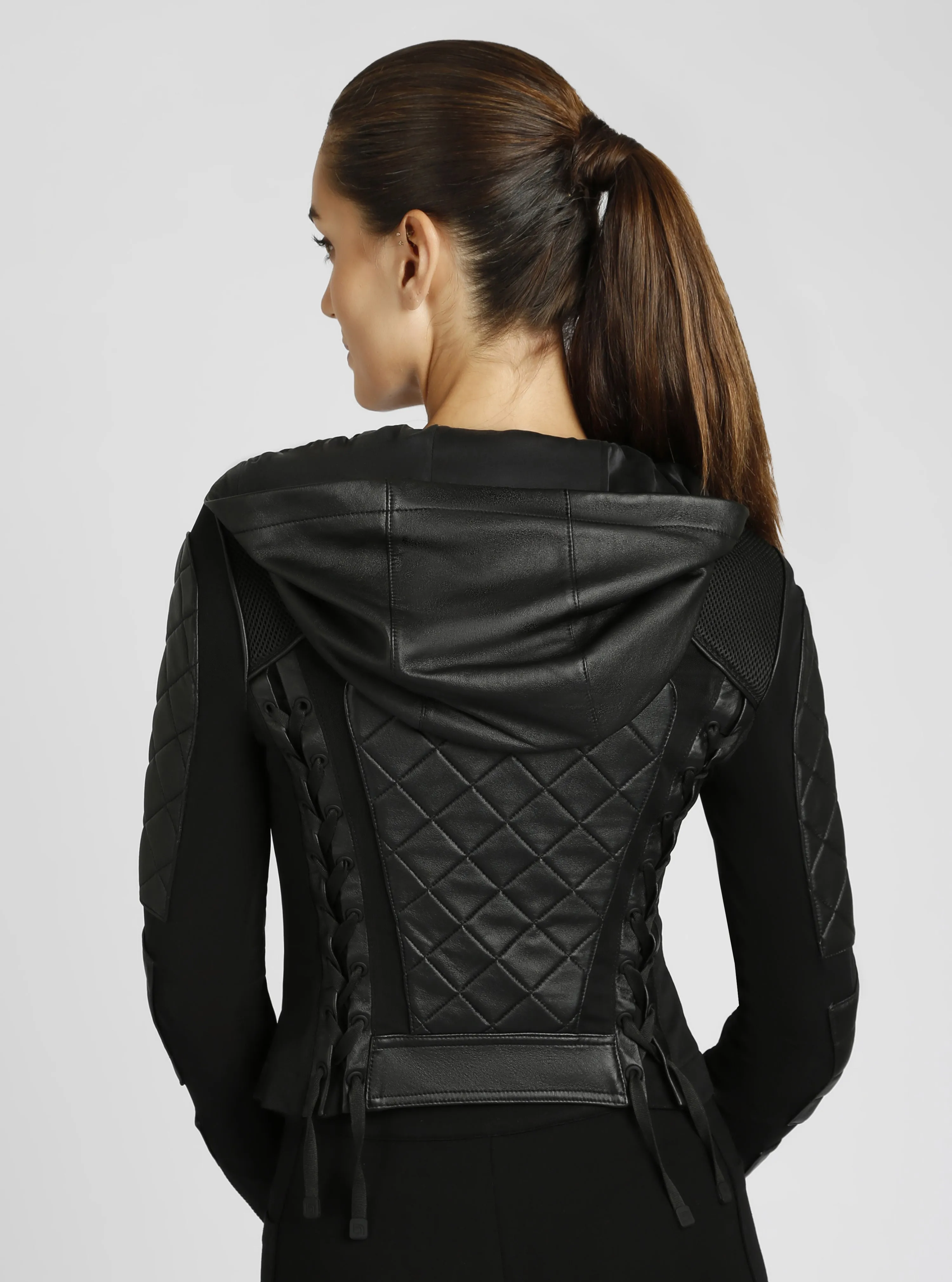 Hooded Mesh Genuine Leather Moto Jacket sold by blanc noir product image thumbnail 5