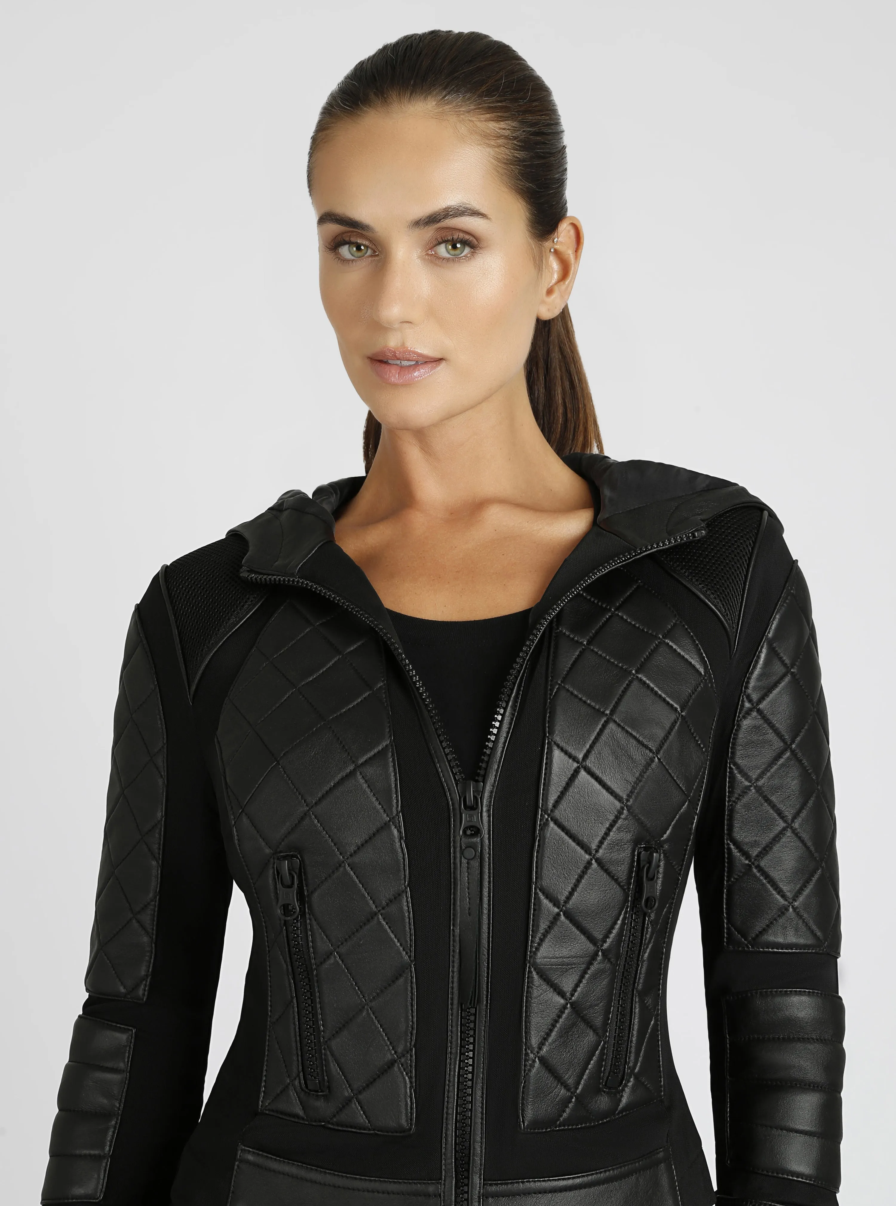 Hooded Mesh Genuine Leather Moto Jacket sold by blanc noir product image thumbnail 2