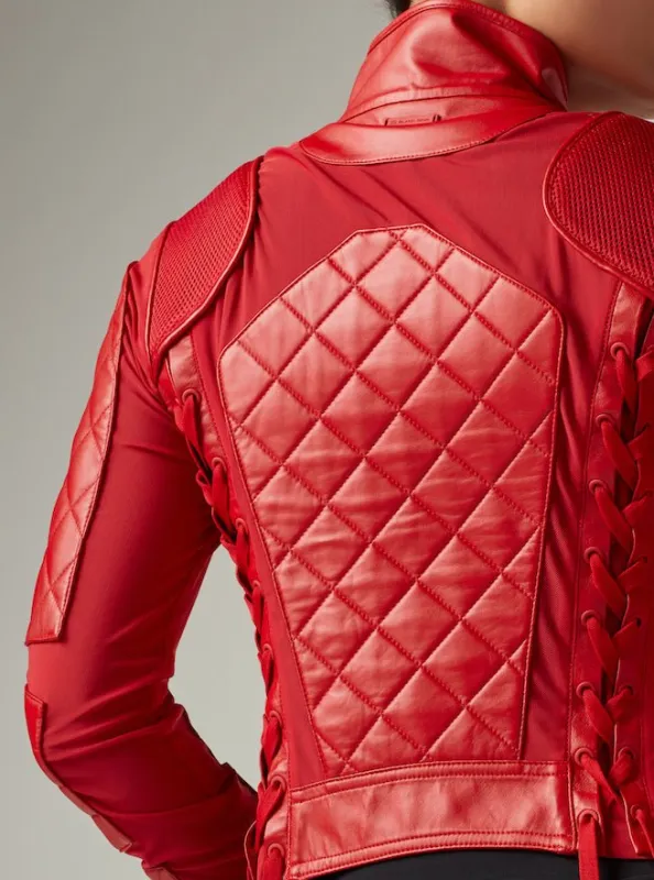 Genuine Leather Panel Classic Leather Mesh Moto Jacket - Haute Red with Lace Up Back sold by blanc noir