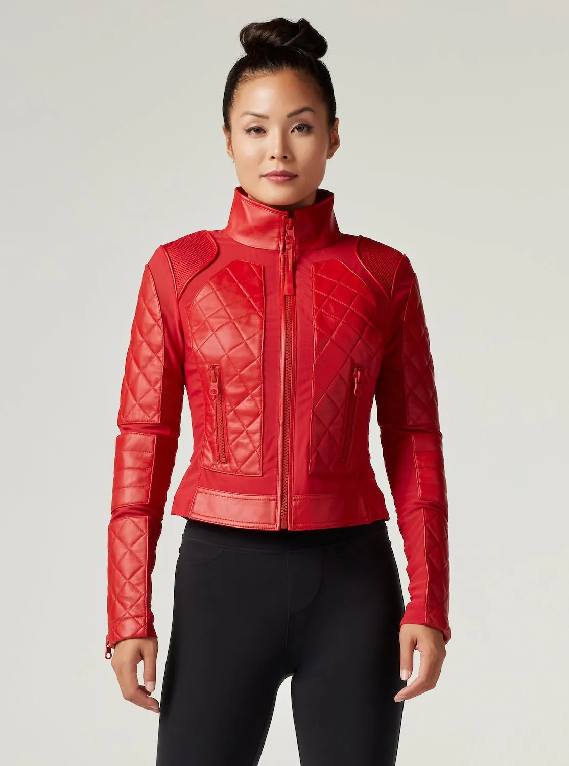 Genuine Leather Panel Classic Leather Mesh Moto Jacket - Haute Red with Lace Up Back sold by blanc noir product image thumbnail 3