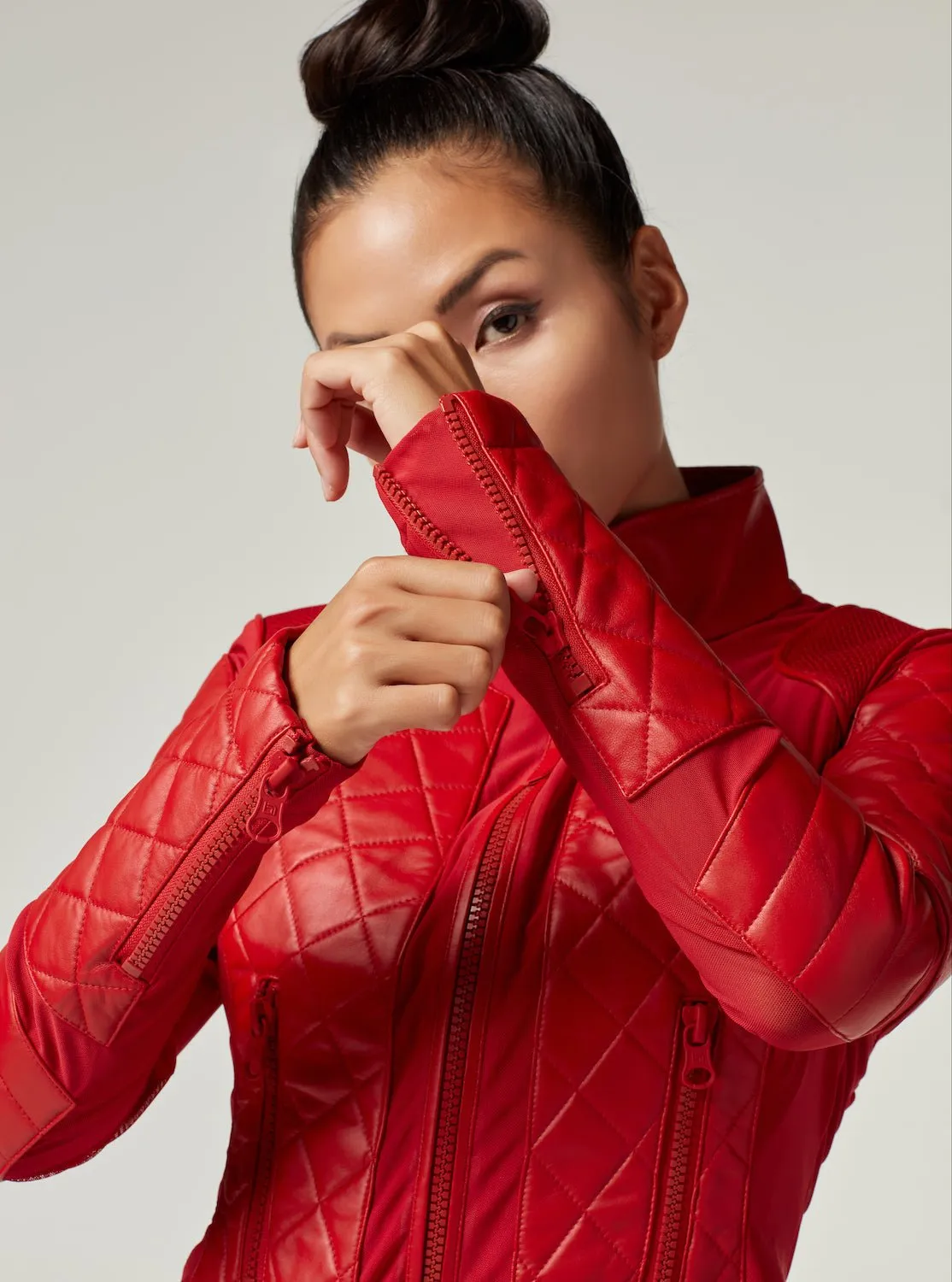 Genuine Leather Panel Classic Leather Mesh Moto Jacket - Haute Red with Lace Up Back sold by blanc noir product image thumbnail 2