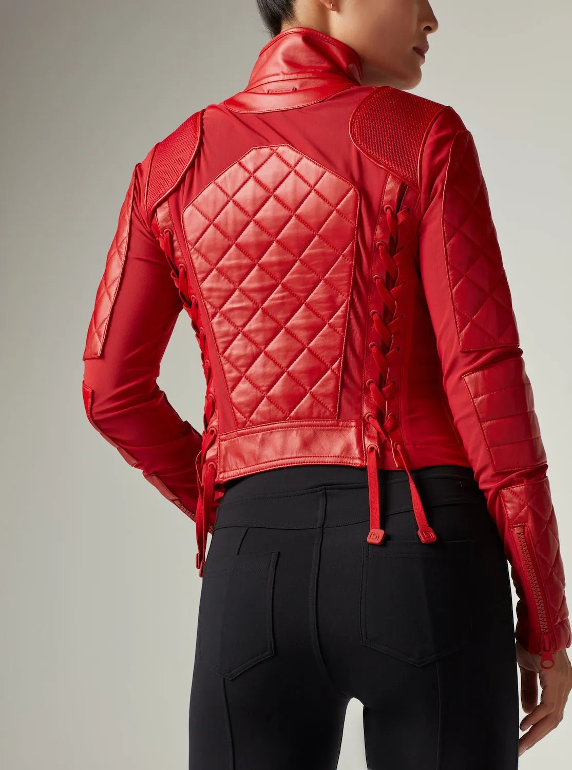 Genuine Leather Panel Classic Leather Mesh Moto Jacket - Haute Red with Lace Up Back sold by blanc noir product image thumbnail 4