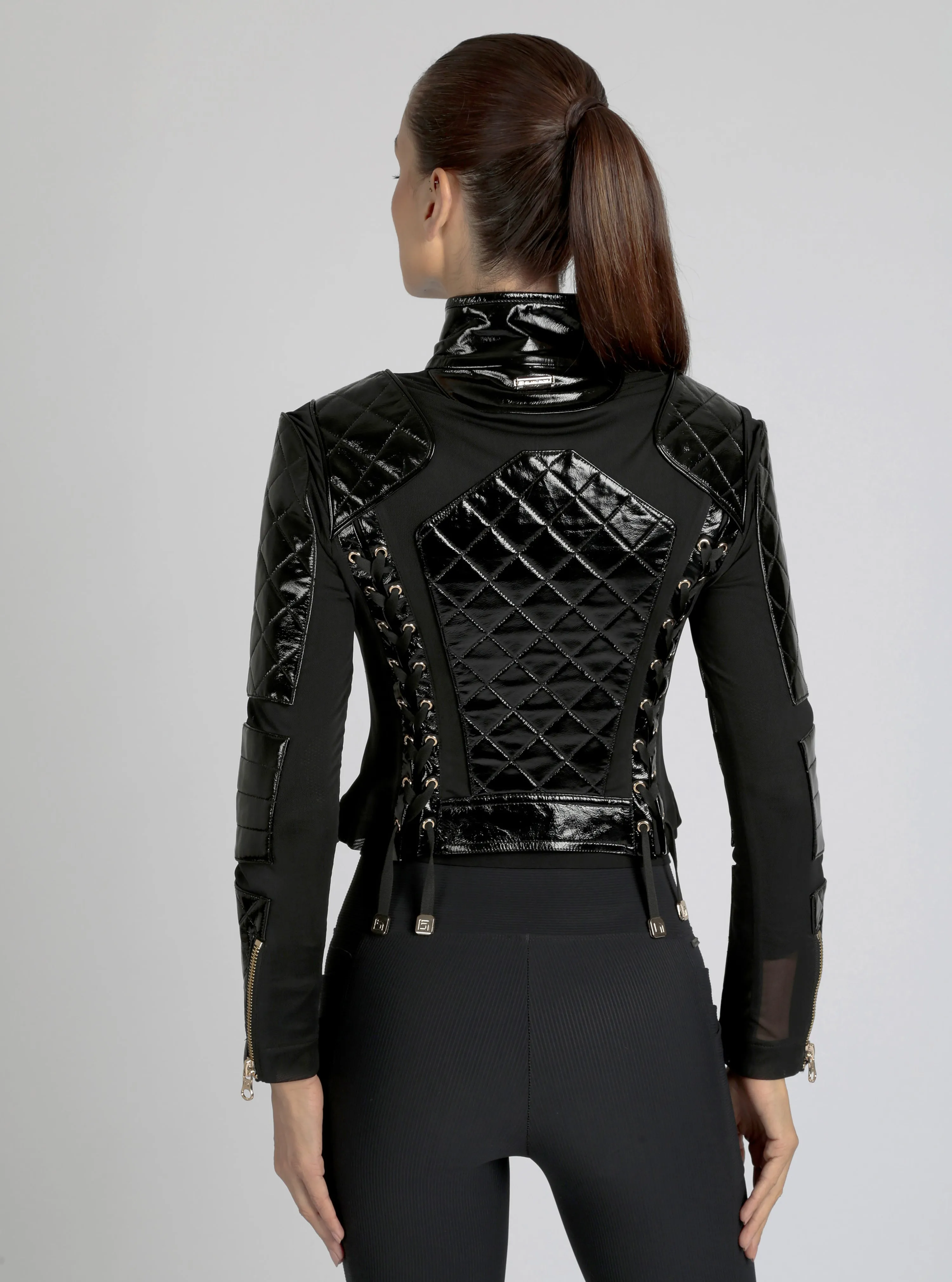 Crushed Patent Leather Gold Trims Mesh Moto - Black sold by blanc noir product image thumbnail 4