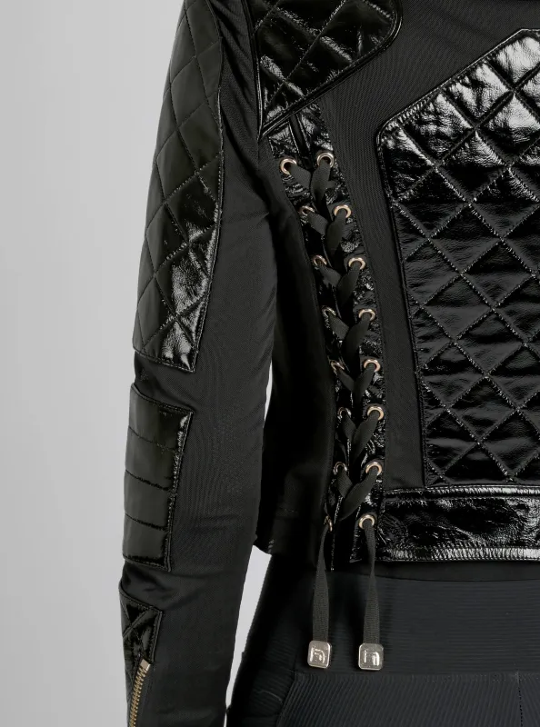 Crushed Patent Leather Gold Trims Mesh Moto - Black sold by blanc noir