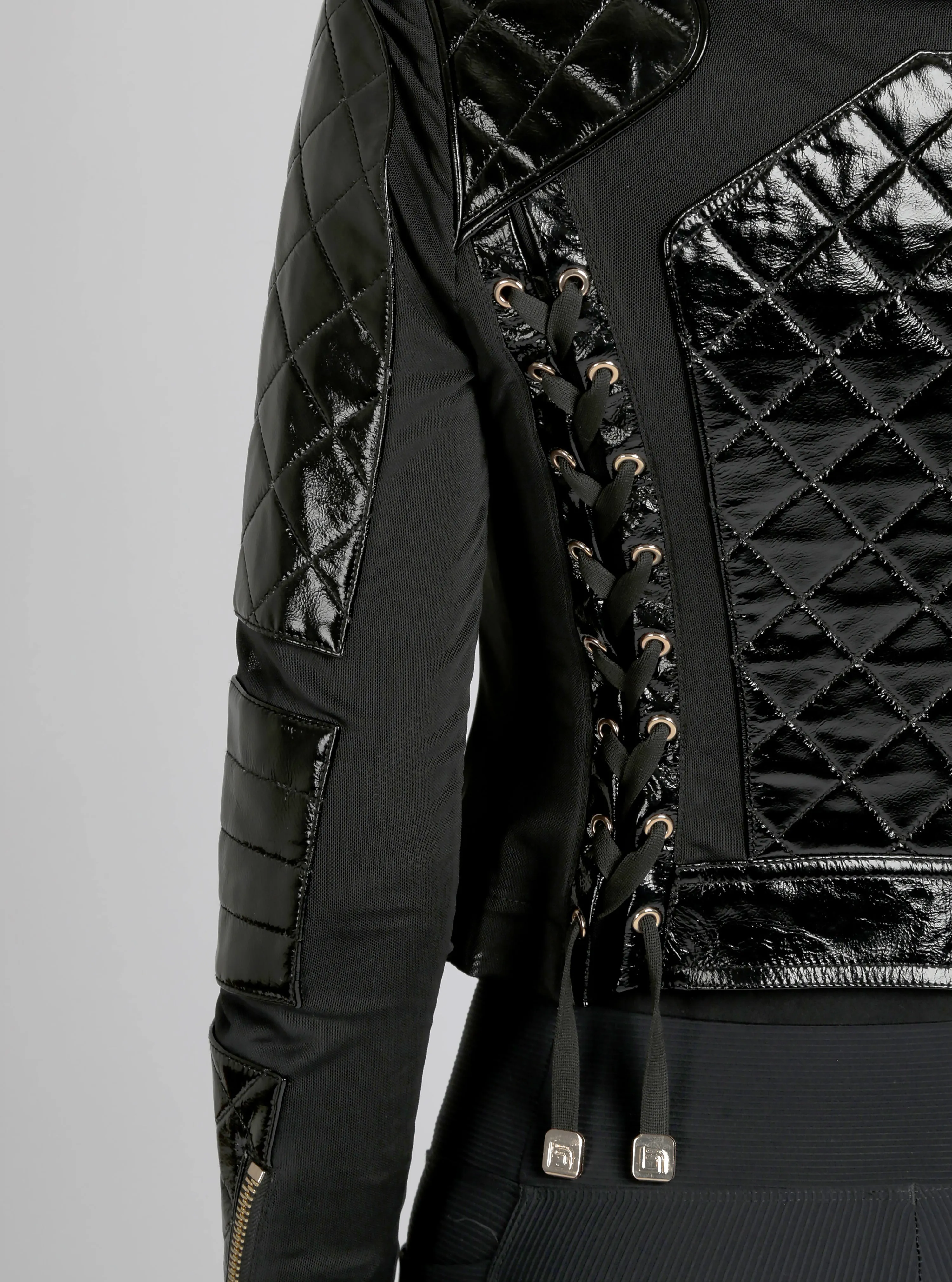 Crushed Patent Leather Gold Trims Mesh Moto - Black sold by blanc noir