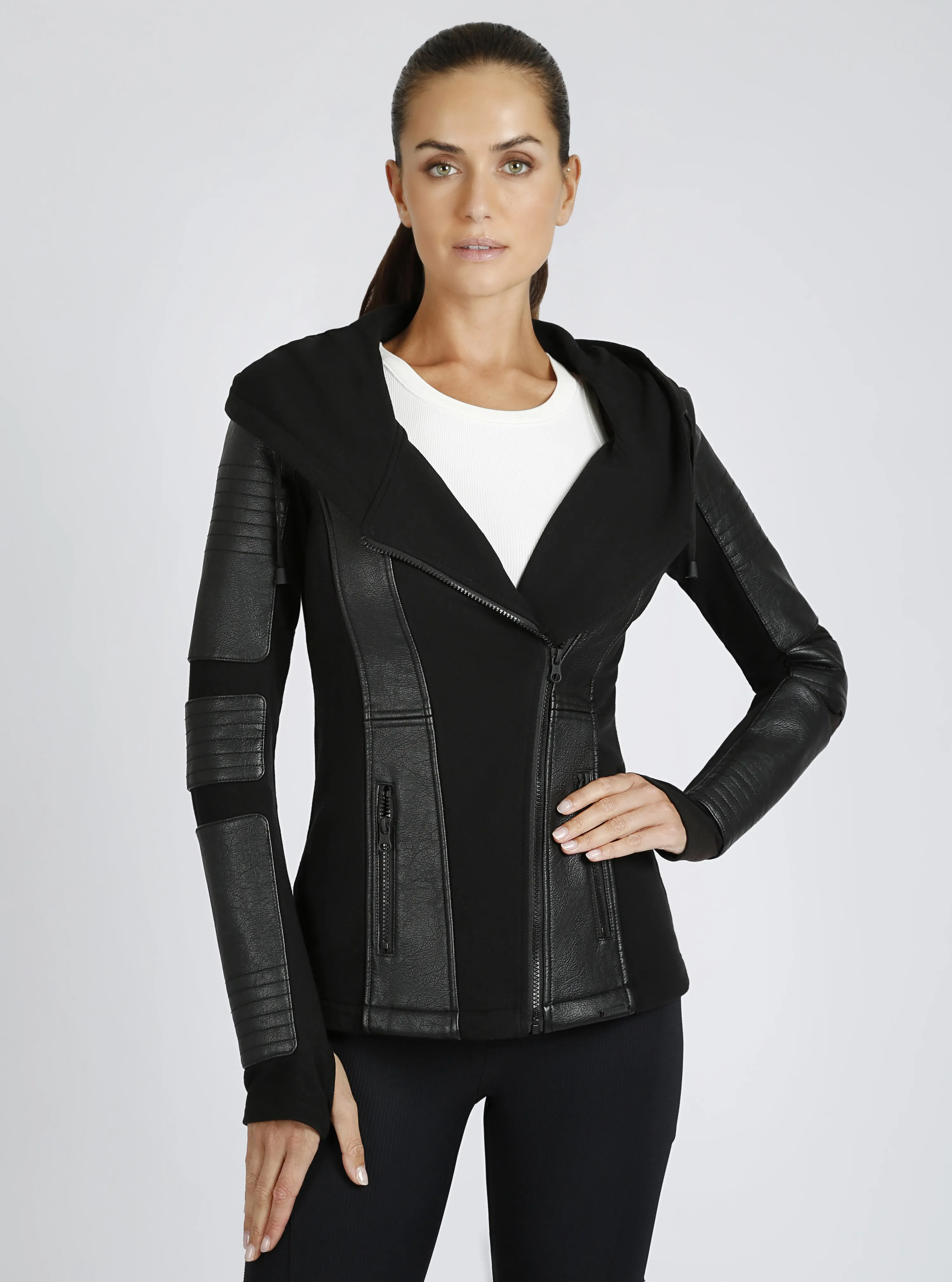 Asym Vegan Leather Hooded Moto - Black Bonded French Terry sold by blanc noir product image thumbnail 4