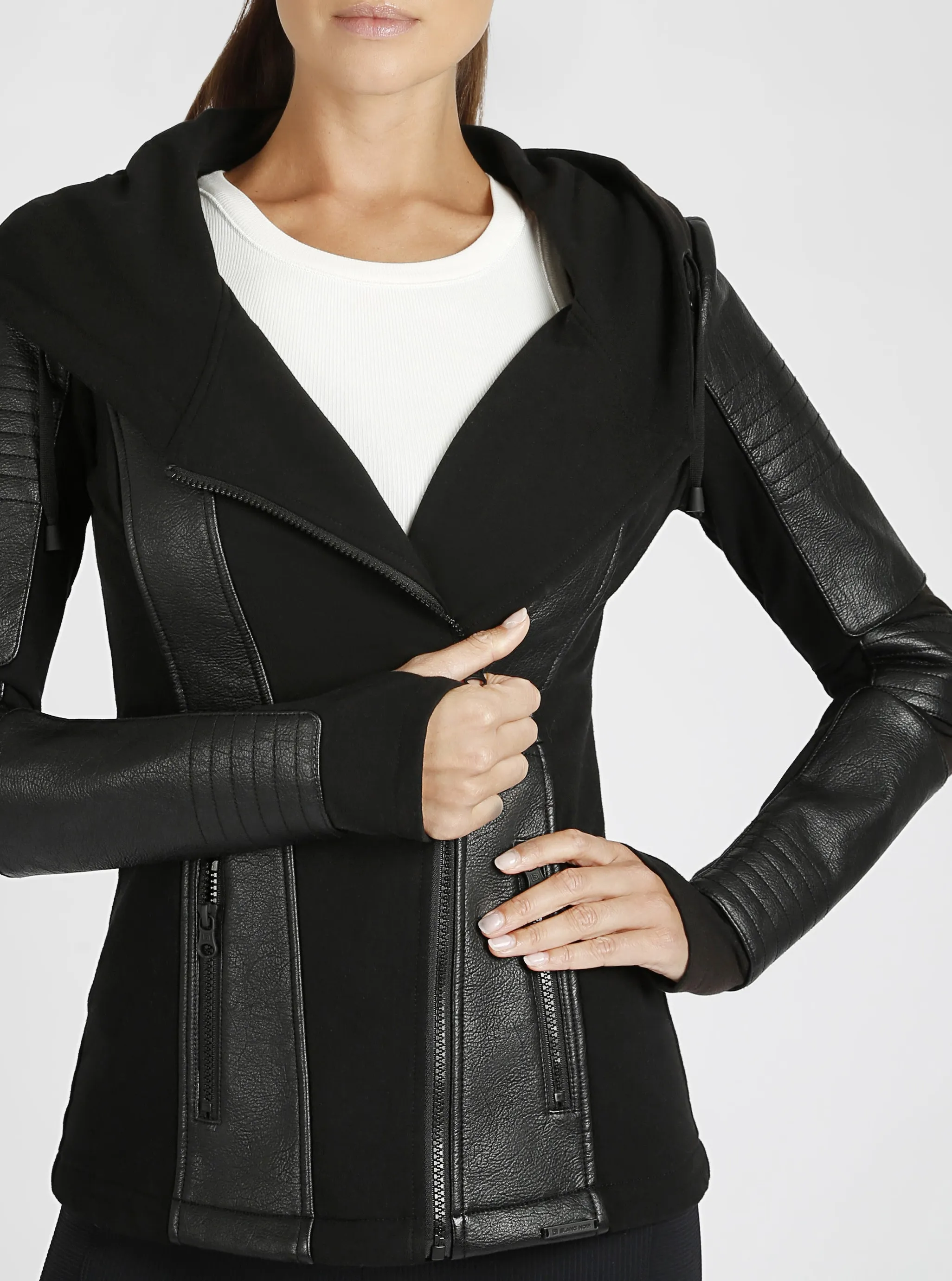 Asym Vegan Leather Hooded Moto - Black Bonded French Terry sold by blanc noir