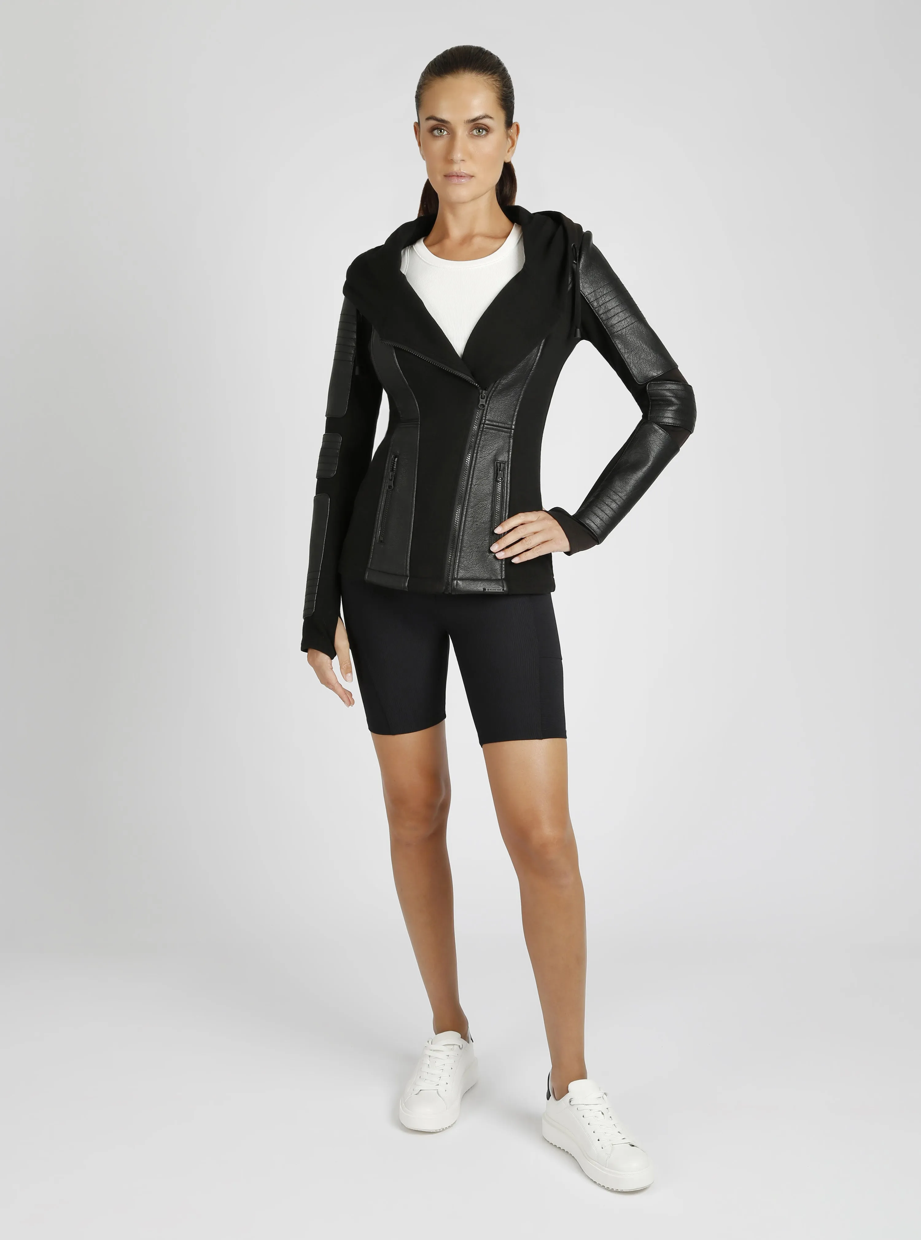 Asym Vegan Leather Hooded Moto - Black Bonded French Terry sold by blanc noir product image thumbnail 5