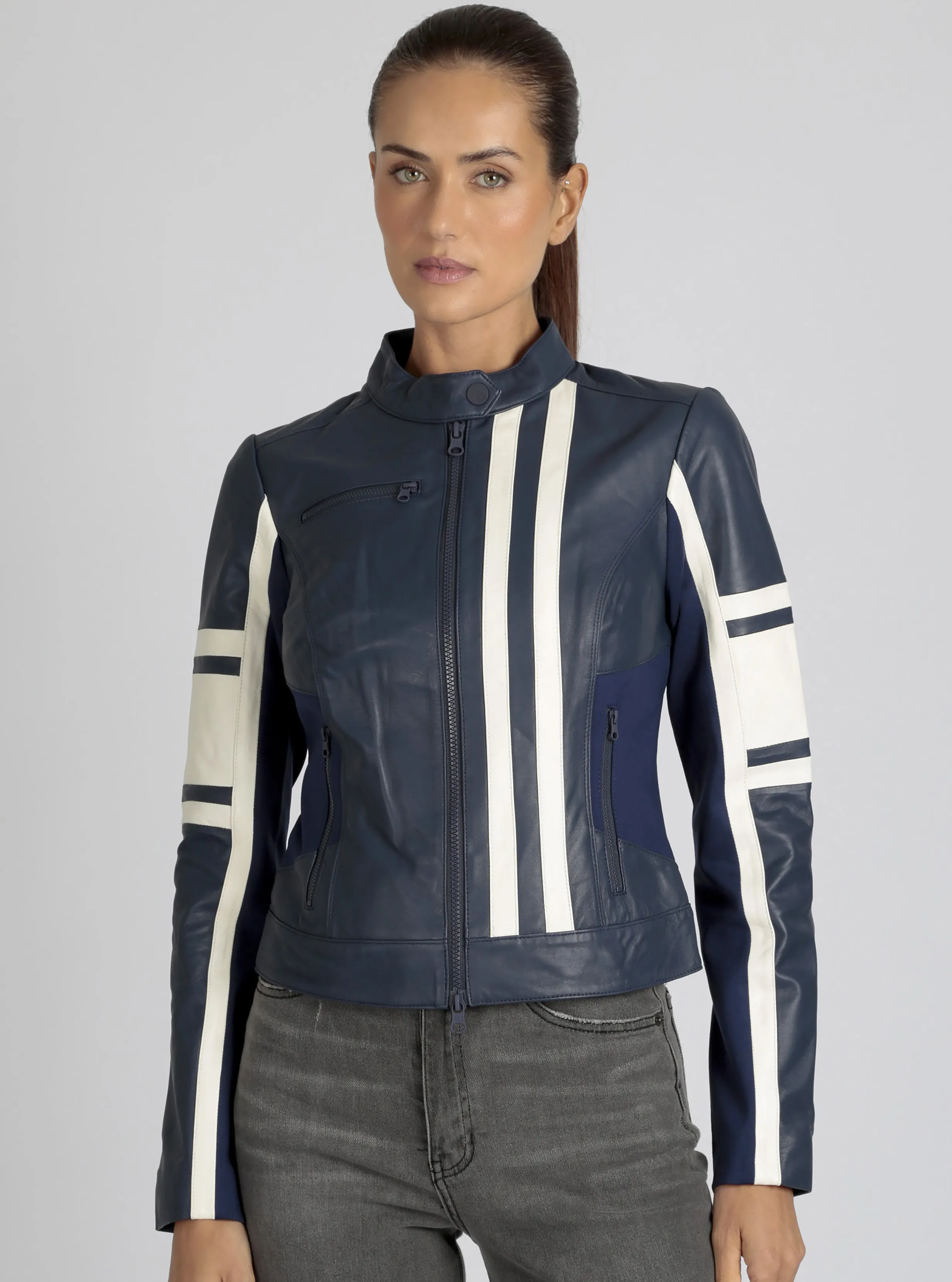 Claudine Genuine Leather Racer Stripe Moto Jacket sold by blanc noir product image thumbnail 2