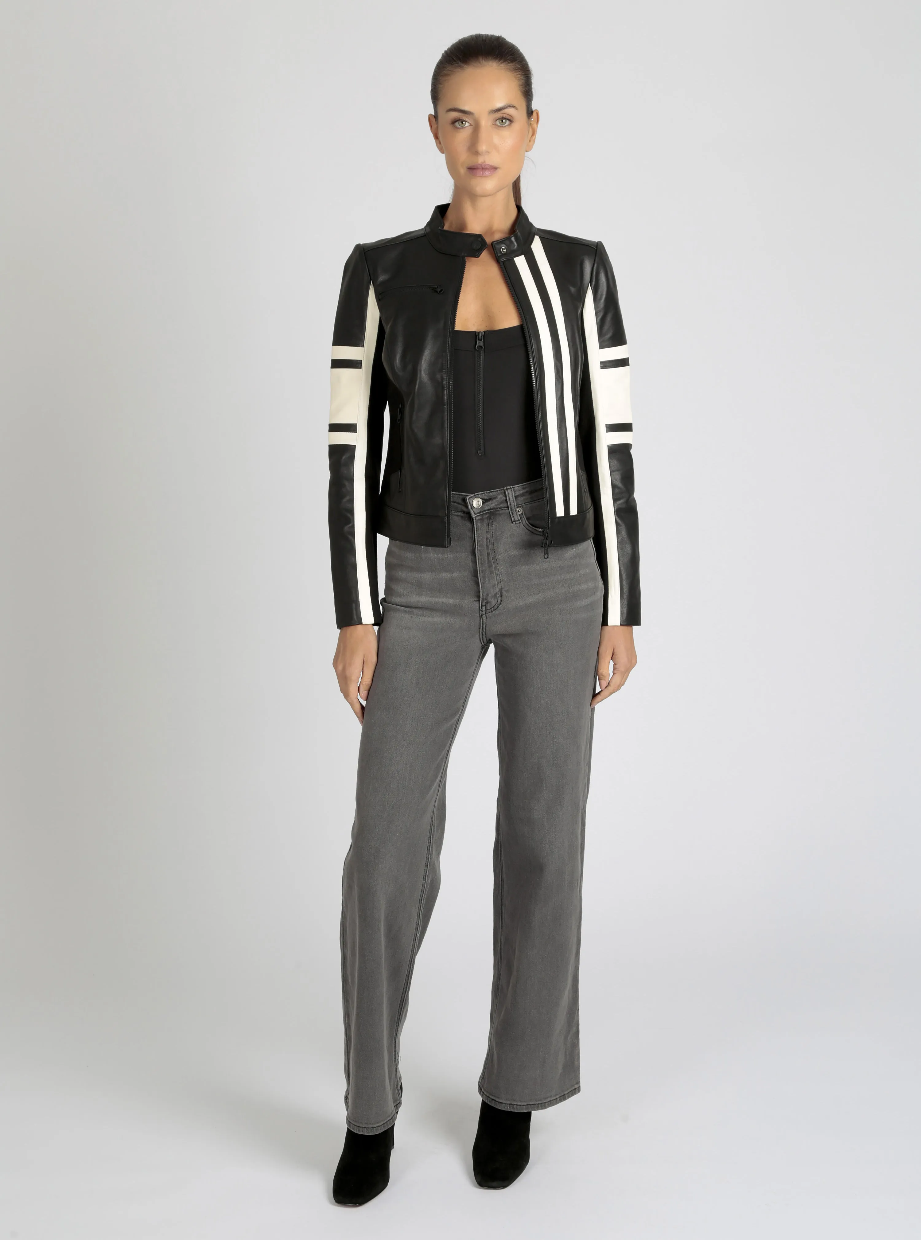 Claudine Genuine Leather Racer Stripe Moto Jacket sold by blanc noir product image thumbnail 5