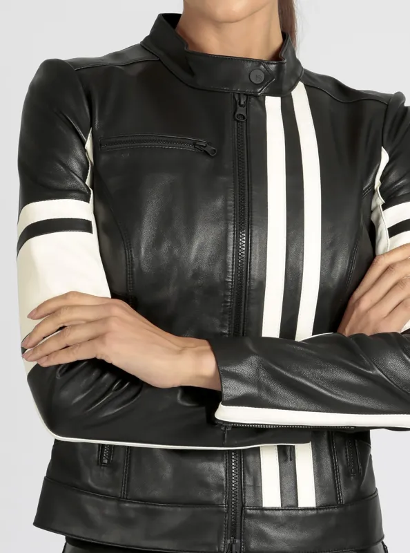 Claudine Genuine Leather Racer Stripe Moto Jacket made by blanc noir