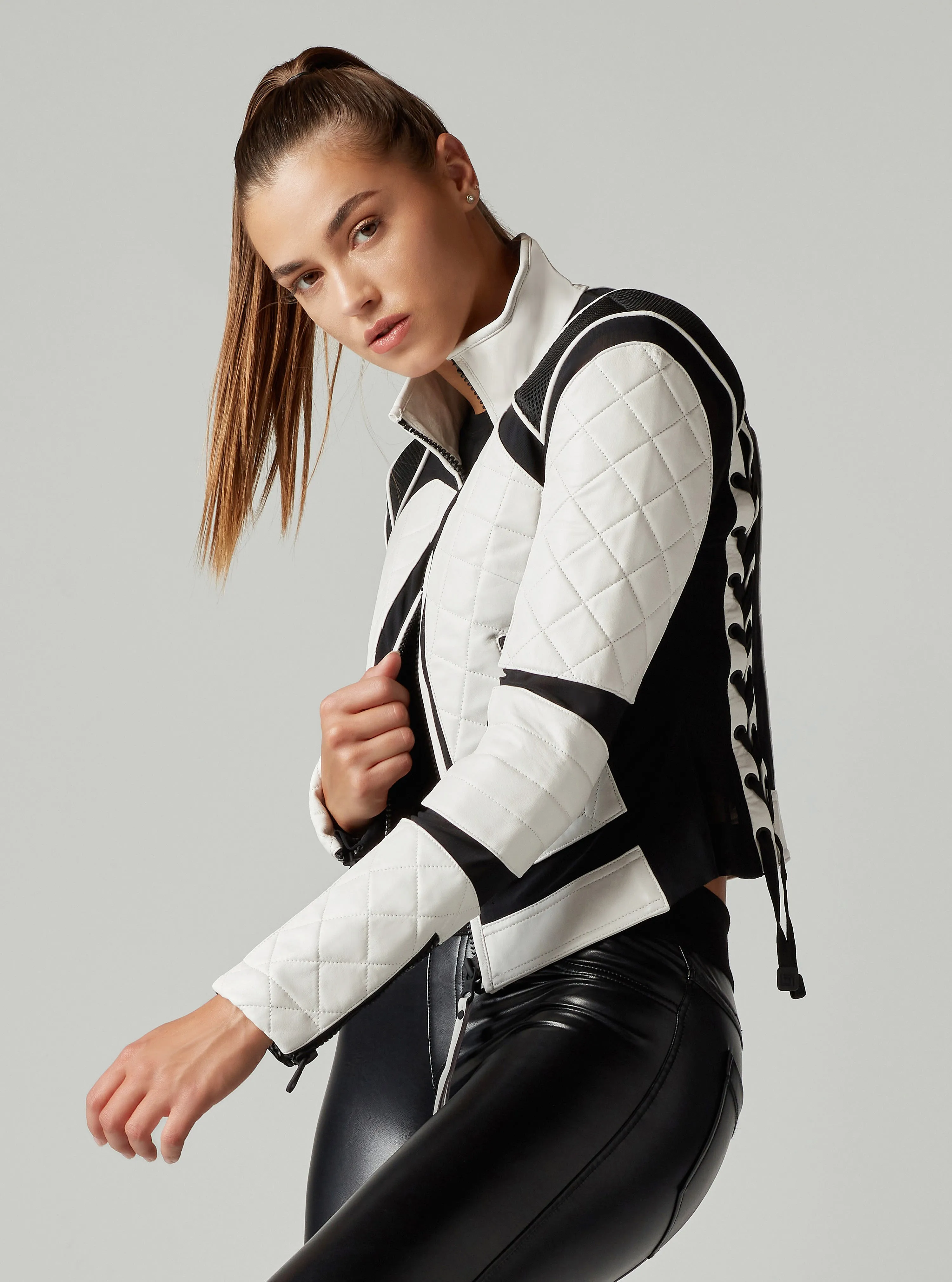 Genuine Leather Mesh Moto Jacket Black/White Colorblock w/Lace Up Back sold by blanc noir product image thumbnail 5