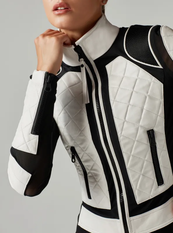 Genuine Leather Mesh Moto Jacket Black/White Colorblock w/Lace Up Back sold by blanc noir