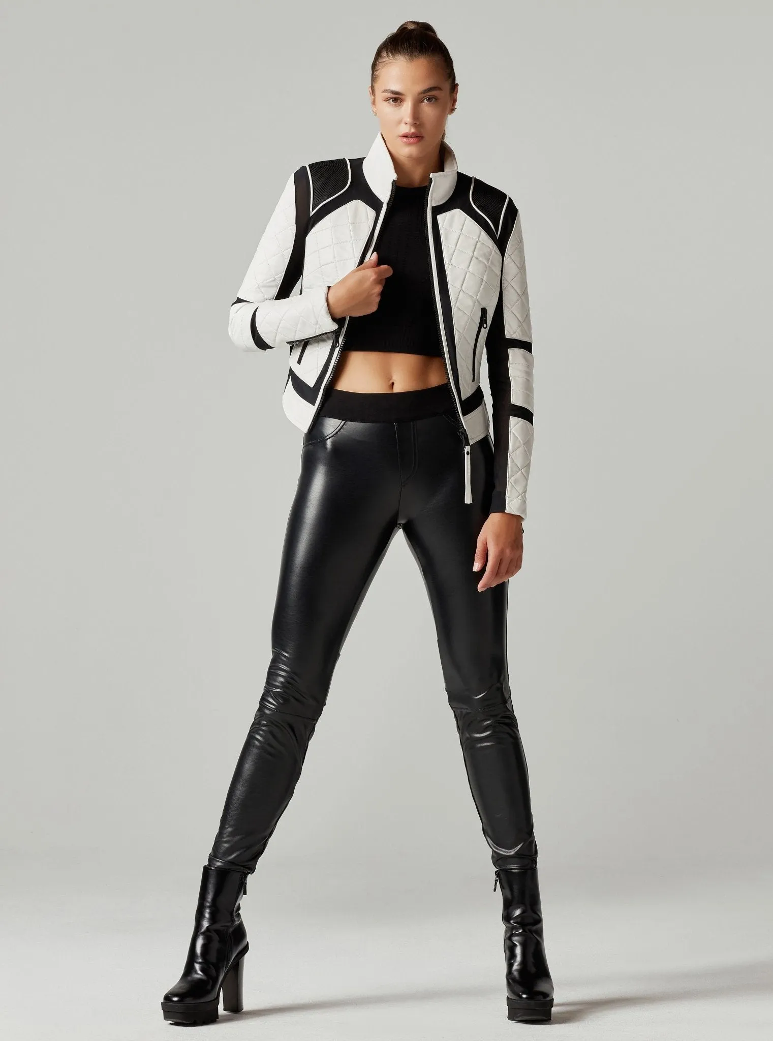 Genuine Leather Mesh Moto Jacket Black/White Colorblock w/Lace Up Back sold by blanc noir product image thumbnail 4