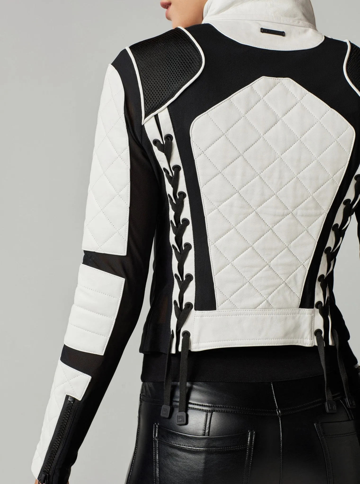 Genuine Leather Mesh Moto Jacket Black/White Colorblock w/Lace Up Back sold by blanc noir product image thumbnail 2