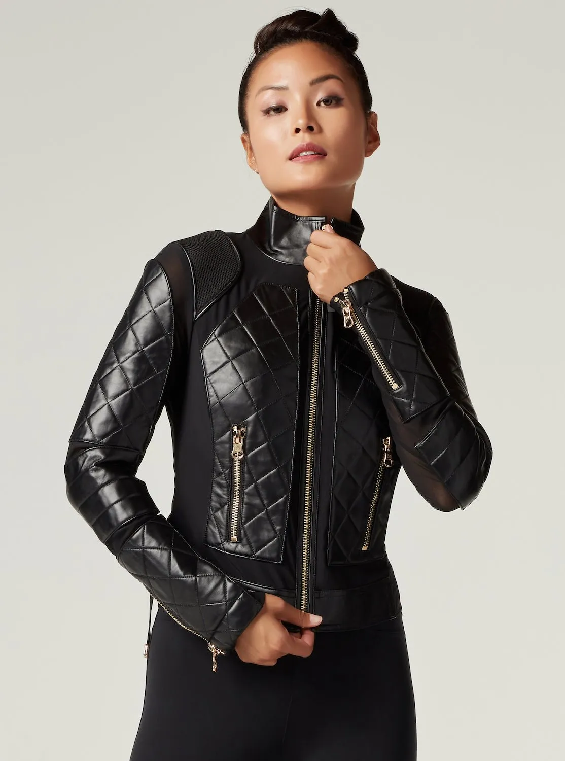 Mesh Moto Jacket with Black Leather & Gold Trims - Gold Collection with Lace Up Back sold by blanc noir product image thumbnail 2