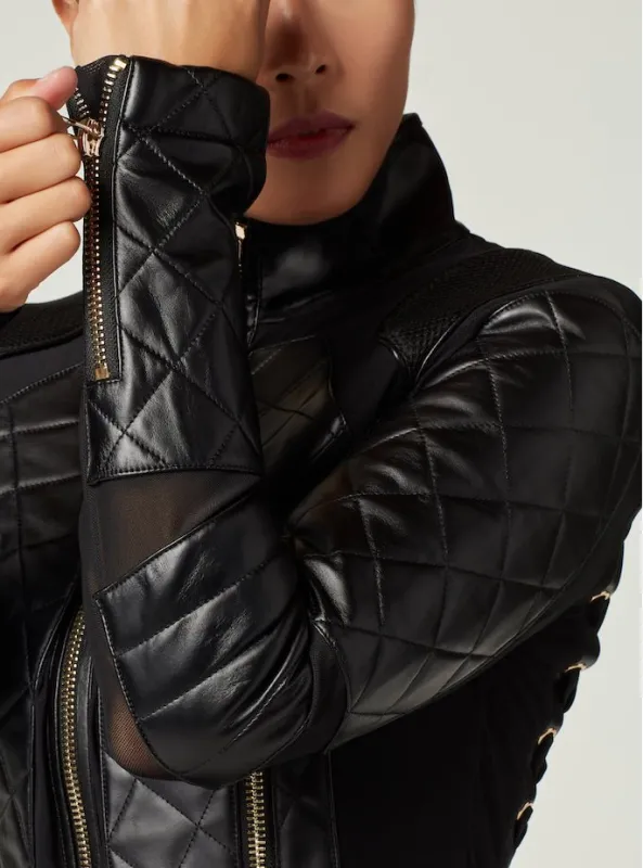 Mesh Moto Jacket with Black Leather & Gold Trims - Gold Collection with Lace Up Back sold by blanc noir