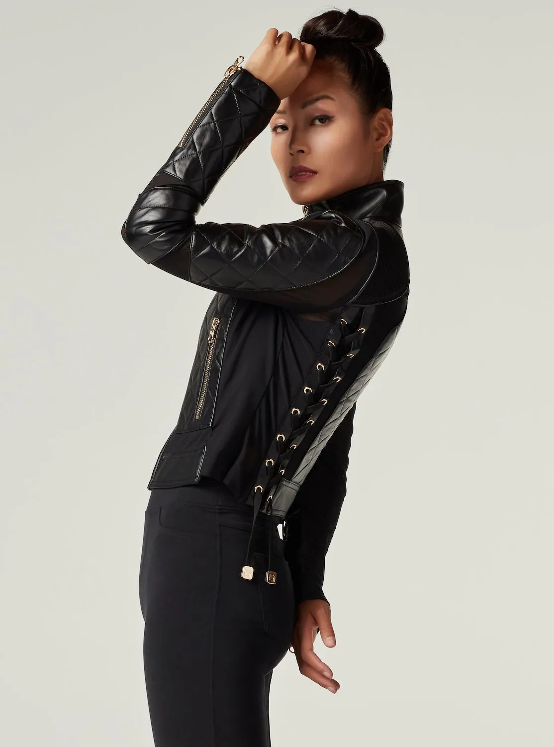 Mesh Moto Jacket with Black Leather & Gold Trims - Gold Collection with Lace Up Back sold by blanc noir product image thumbnail 5
