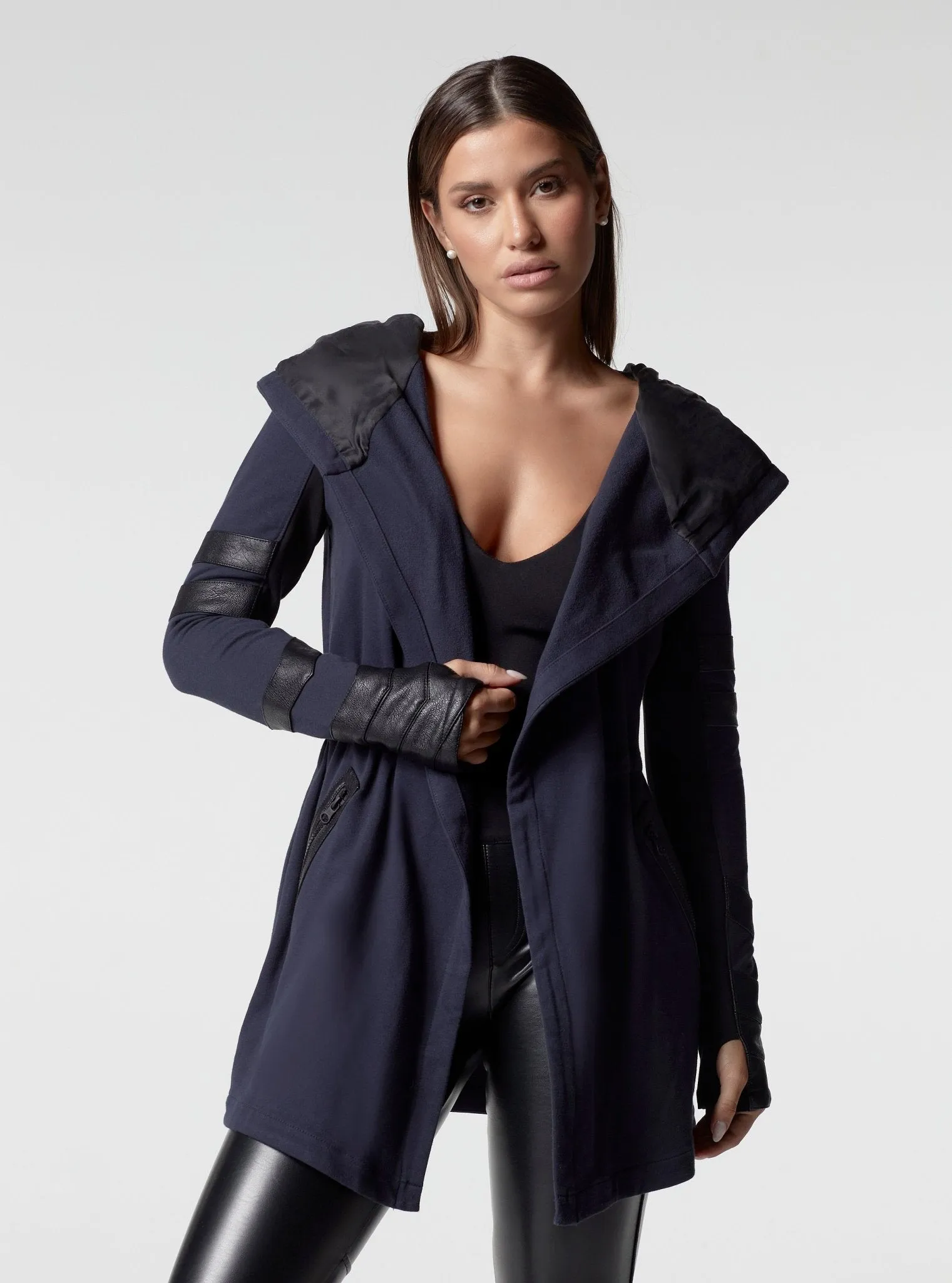Maitri Stretch Wrap Traveler Jacket - with Silk Lined Hood and Vegan Leather Details Limited Edition Patriot Blue sold by blanc noir product image thumbnail 2