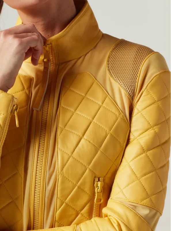 Genuine Classic Leather Mesh Moto Jacket - Sunshine Yellow/Goldfinch with Lace Up Back sold by blanc noir