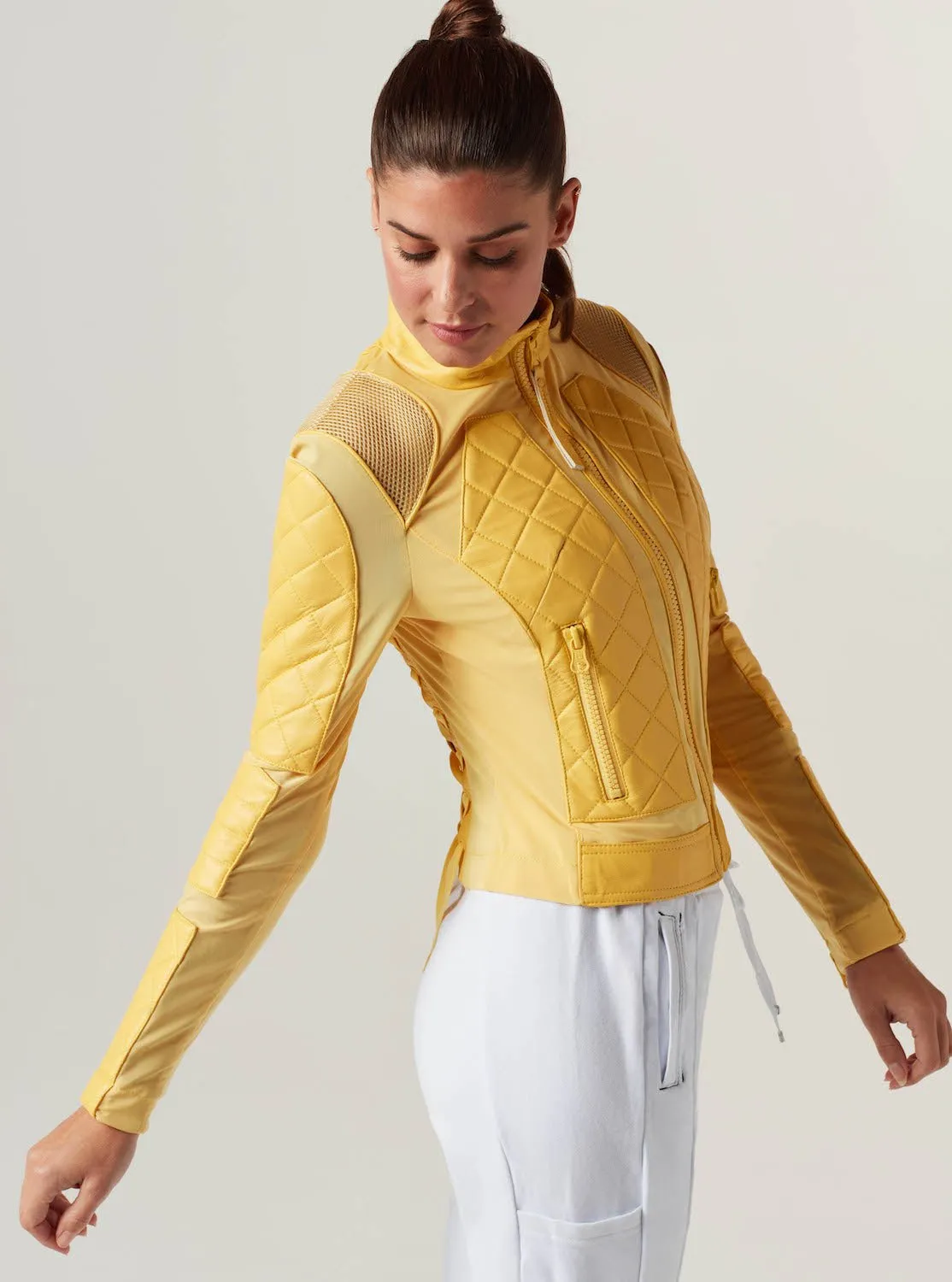 Genuine Classic Leather Mesh Moto Jacket - Sunshine Yellow/Goldfinch with Lace Up Back sold by blanc noir product image thumbnail 5
