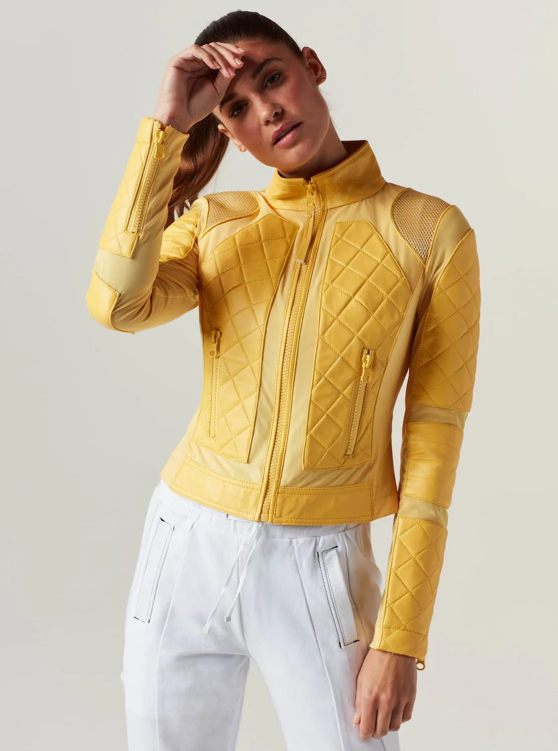 Genuine Classic Leather Mesh Moto Jacket - Sunshine Yellow/Goldfinch with Lace Up Back sold by blanc noir product image thumbnail 3
