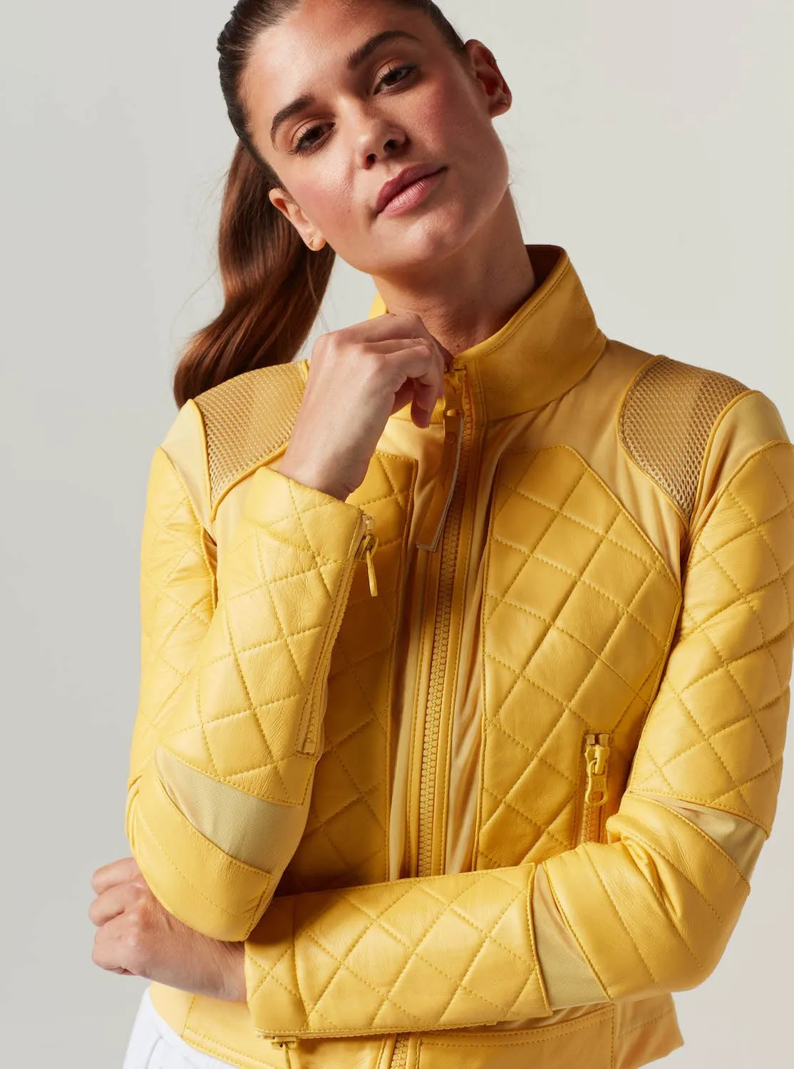Genuine Classic Leather Mesh Moto Jacket - Sunshine Yellow/Goldfinch with Lace Up Back sold by blanc noir product image thumbnail 2