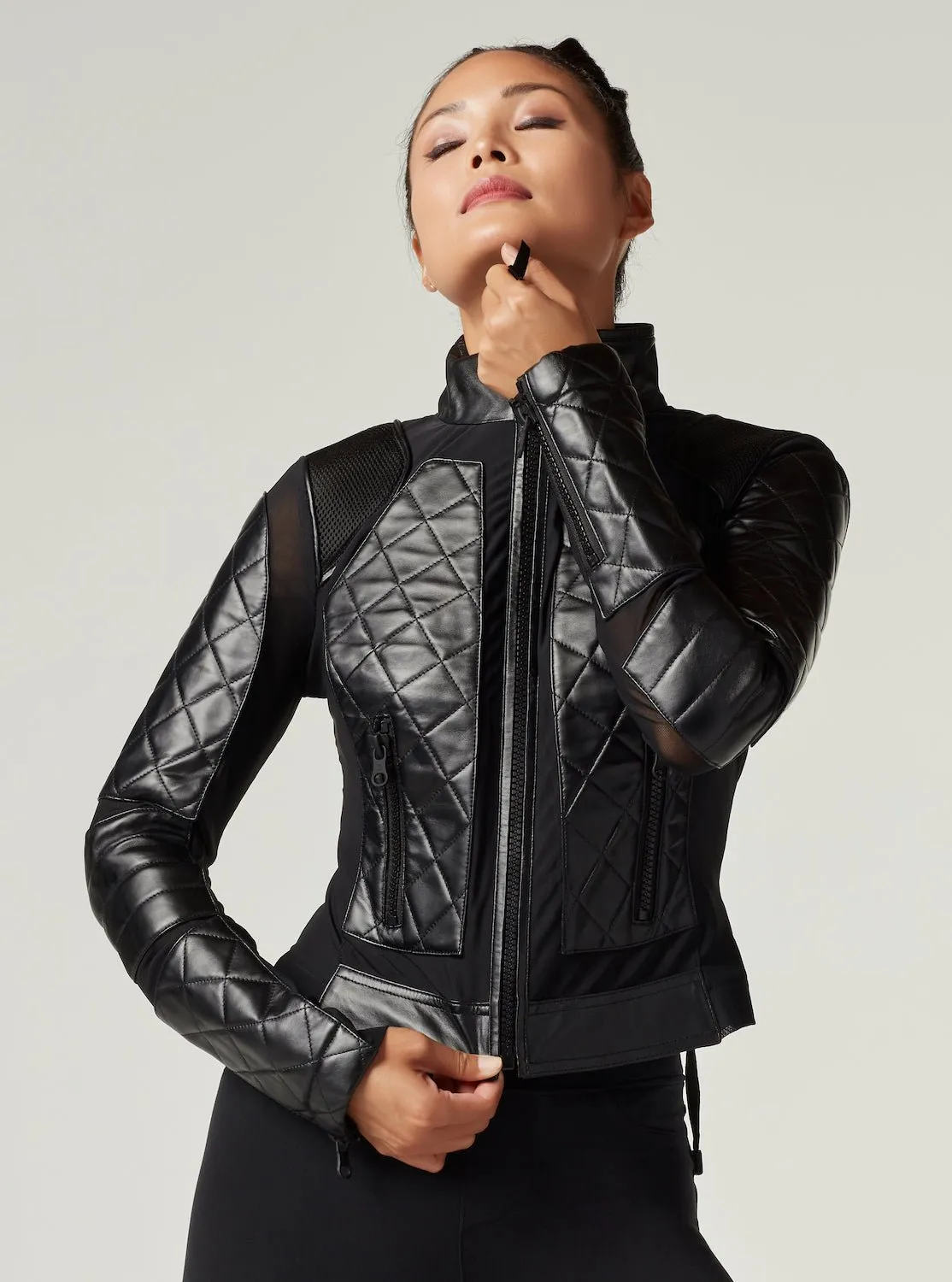 Classic Black Quilted Genuine Leather Mesh Moto Jacket sold by blanc noir product image thumbnail 4