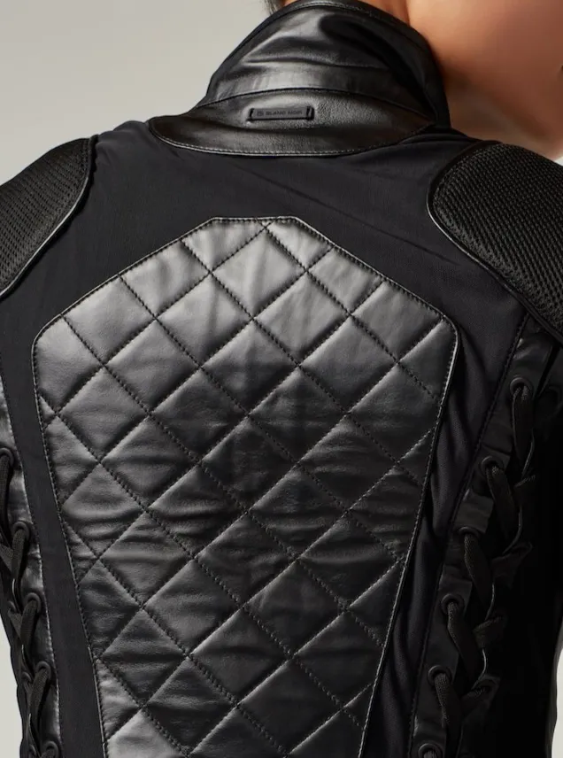 Classic Black Quilted Genuine Leather Mesh Moto Jacket sold by blanc noir